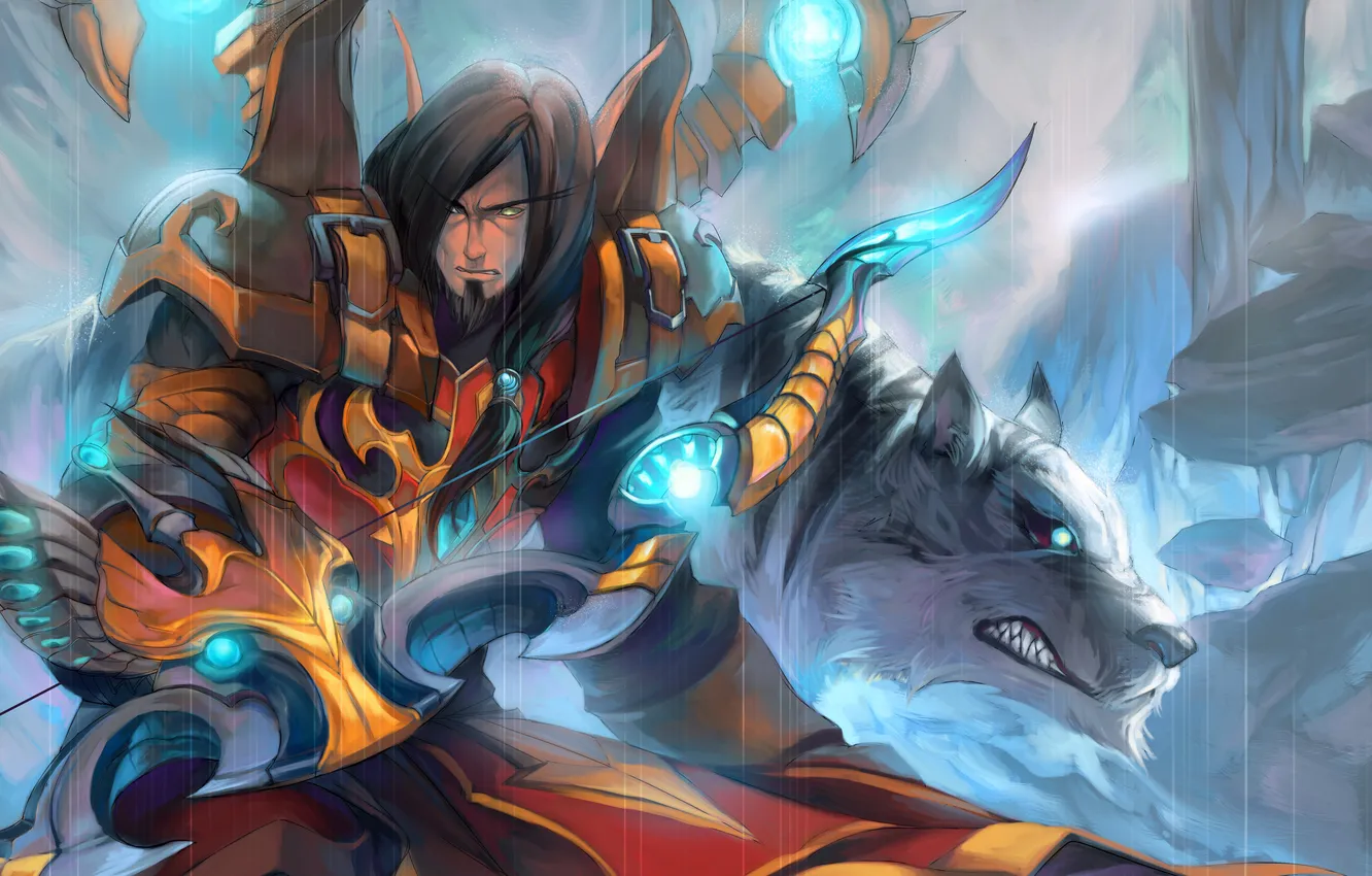 Photo wallpaper forest, elf, wolf, armor, bow, World of Warcraft, wow