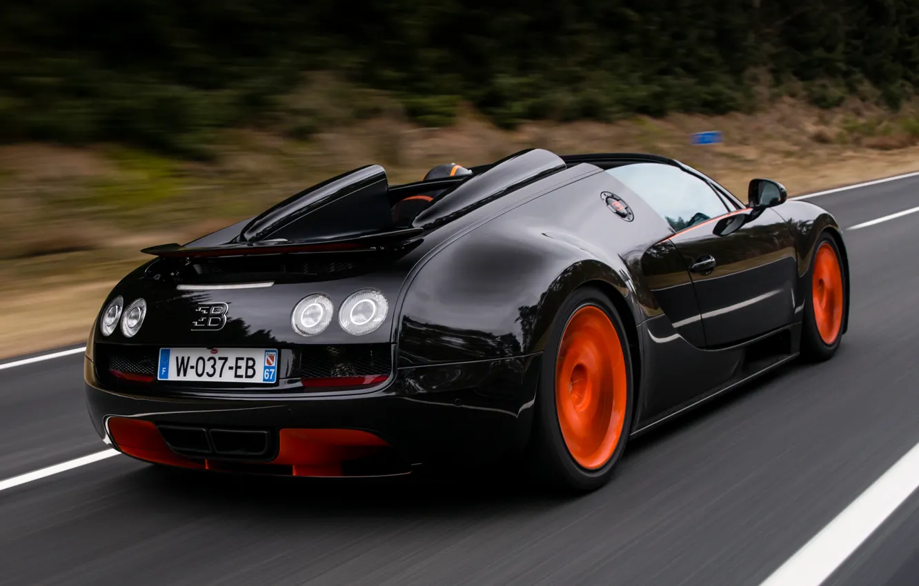 Photo wallpaper car, Roadster, Bugatti, Veyron, supercar, black, road, speed