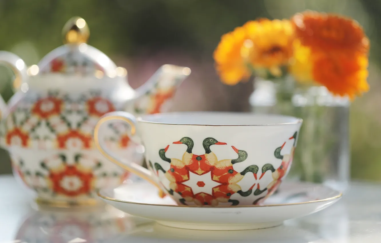 Photo wallpaper summer, light, flowers, orange, comfort, table, mood, bird