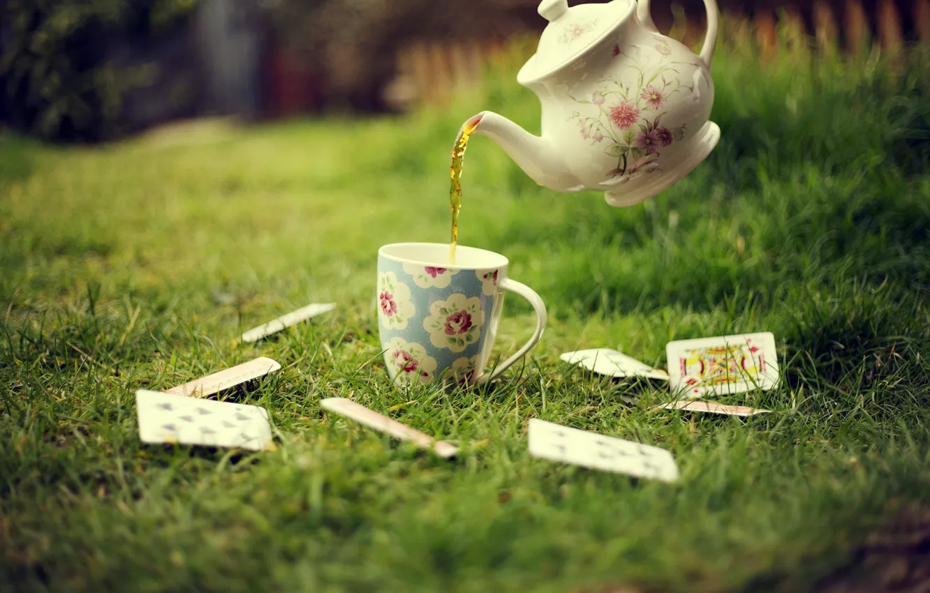 Photo wallpaper greens, card, grass, lawn, tea, kettle, Cup