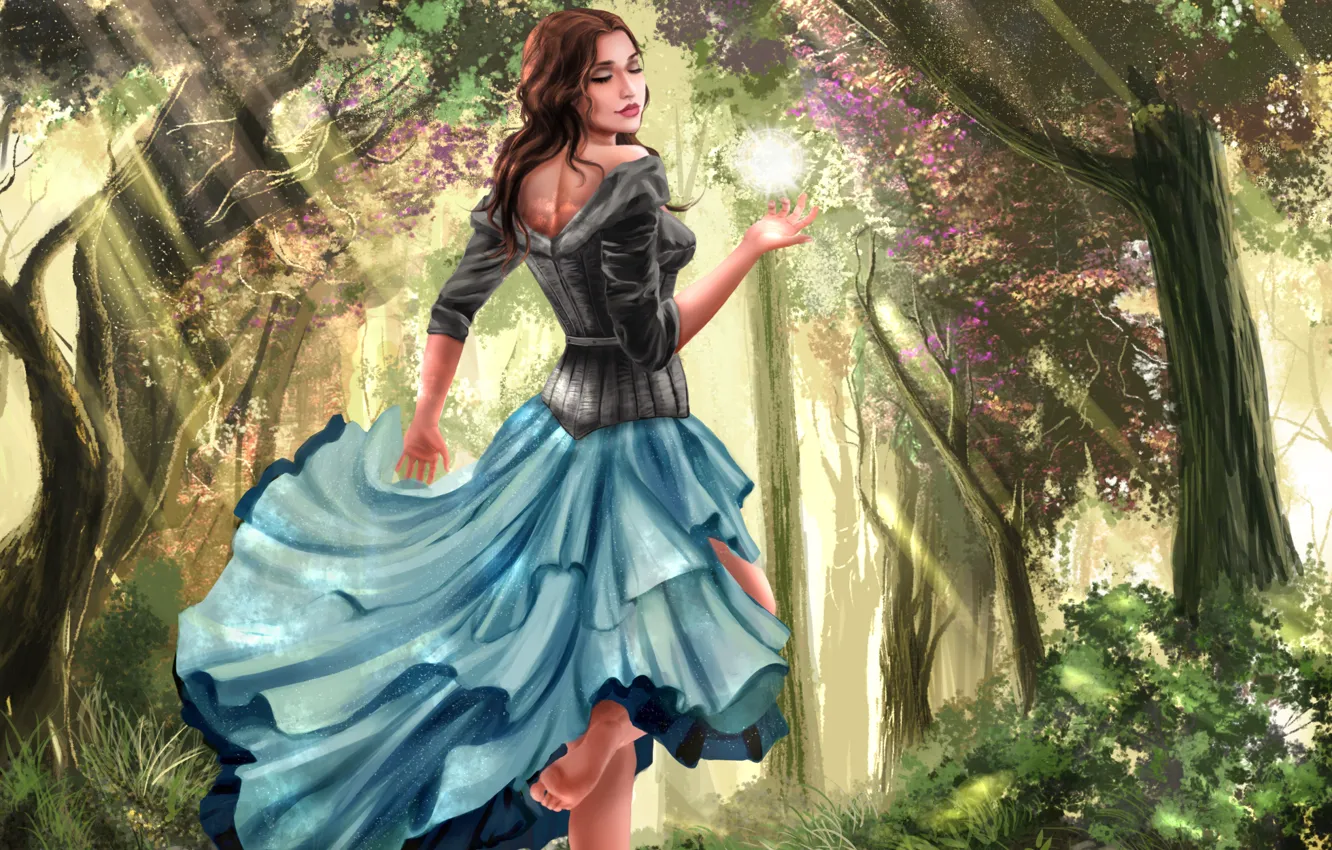 Photo wallpaper forest, leaves, girl, light, trees, flowers, face, smile