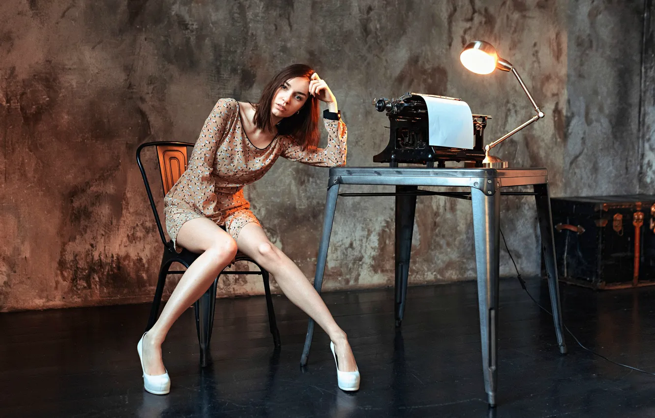 Photo wallpaper girl, table, room, lamp, legs, typewriter, Dasha, Dashuta Berezina