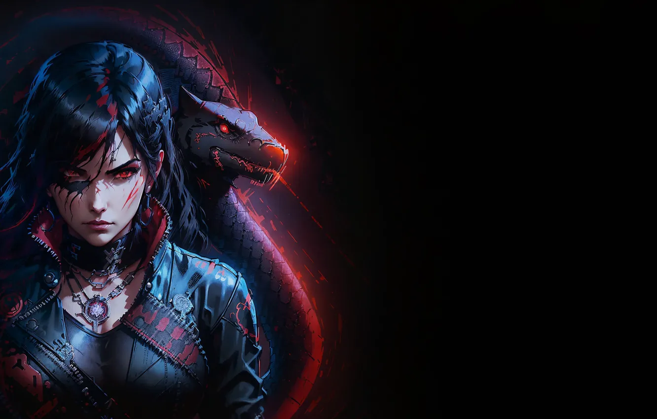 Photo wallpaper girl, dragon, figure, snake, necklace, collar, fangs, beautiful