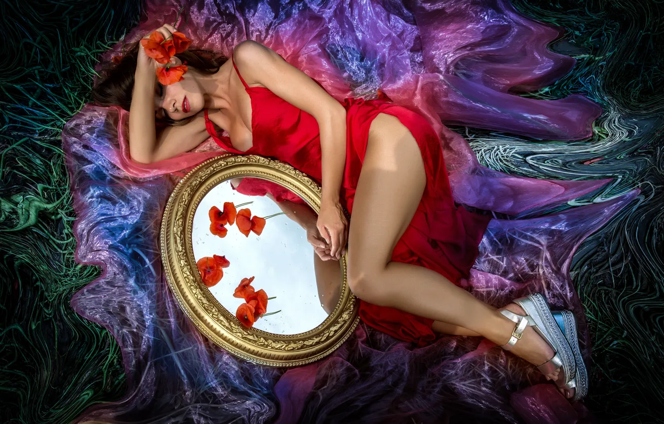 Photo wallpaper girl, flowers, mirror