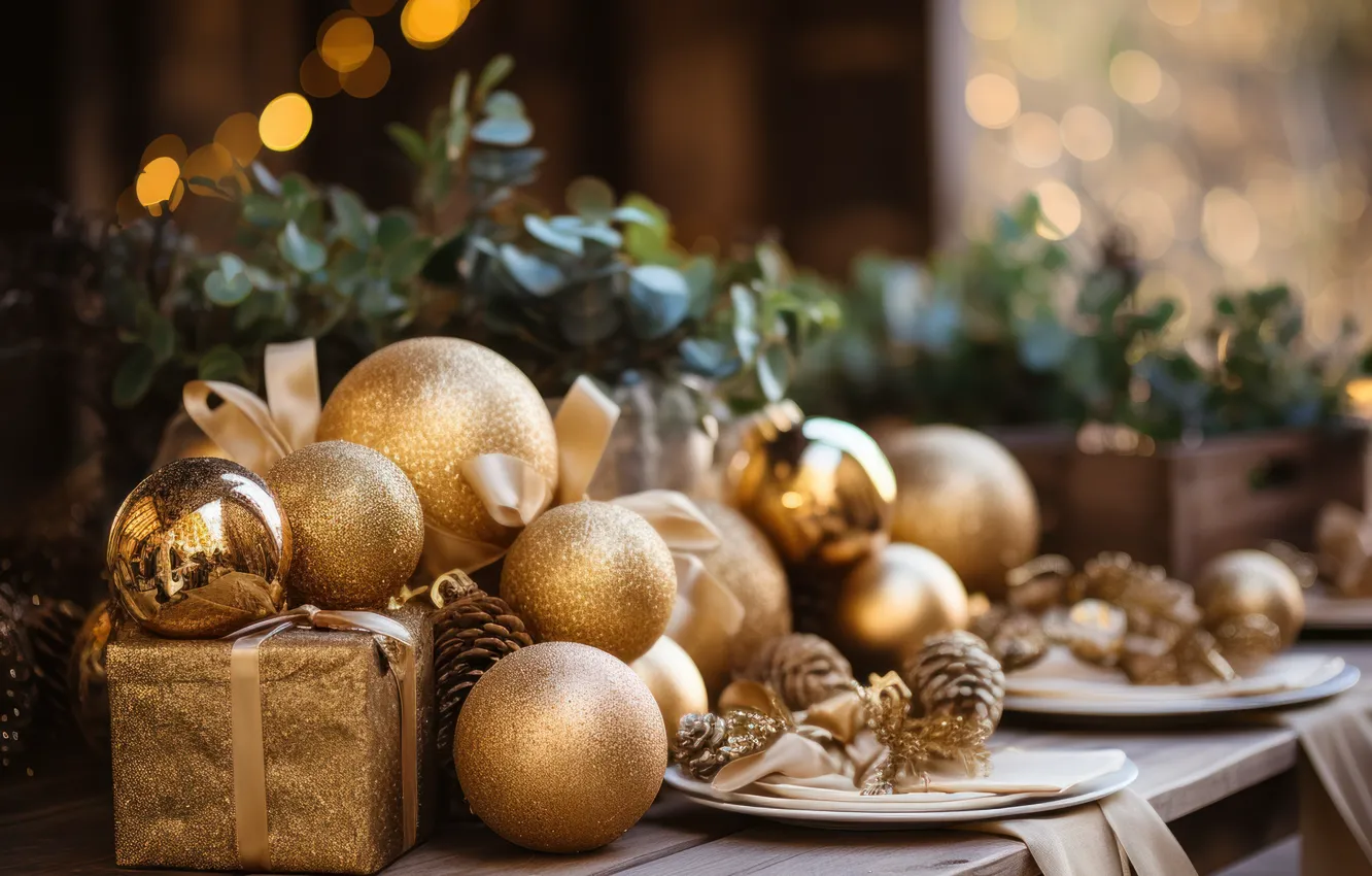 Photo wallpaper balls, gold, Board, new year, Christmas, gold, gold plated, Christmas decorations