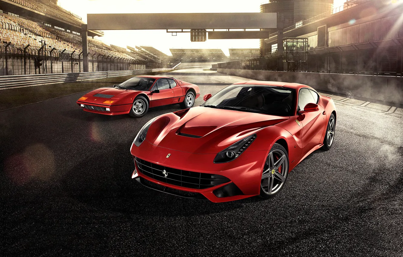 Photo wallpaper Ferrari, Red, Front, Sun, Supercars, Berlinetta, F12, Track