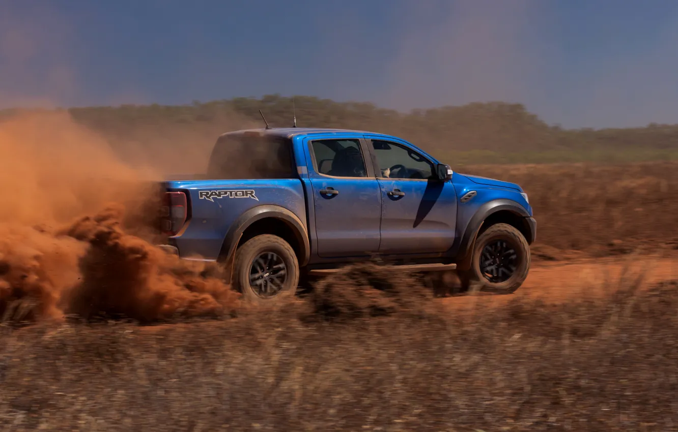 Photo wallpaper field, blue, Ford, dust, Raptor, pickup, 2018, Ranger