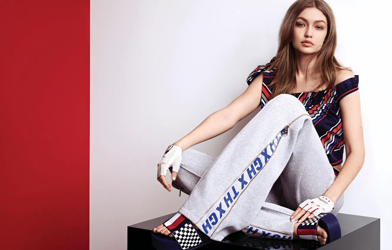 Photo wallpaper pose, look, Tommy Hilfiger, Gigi Hadid, girl, model
