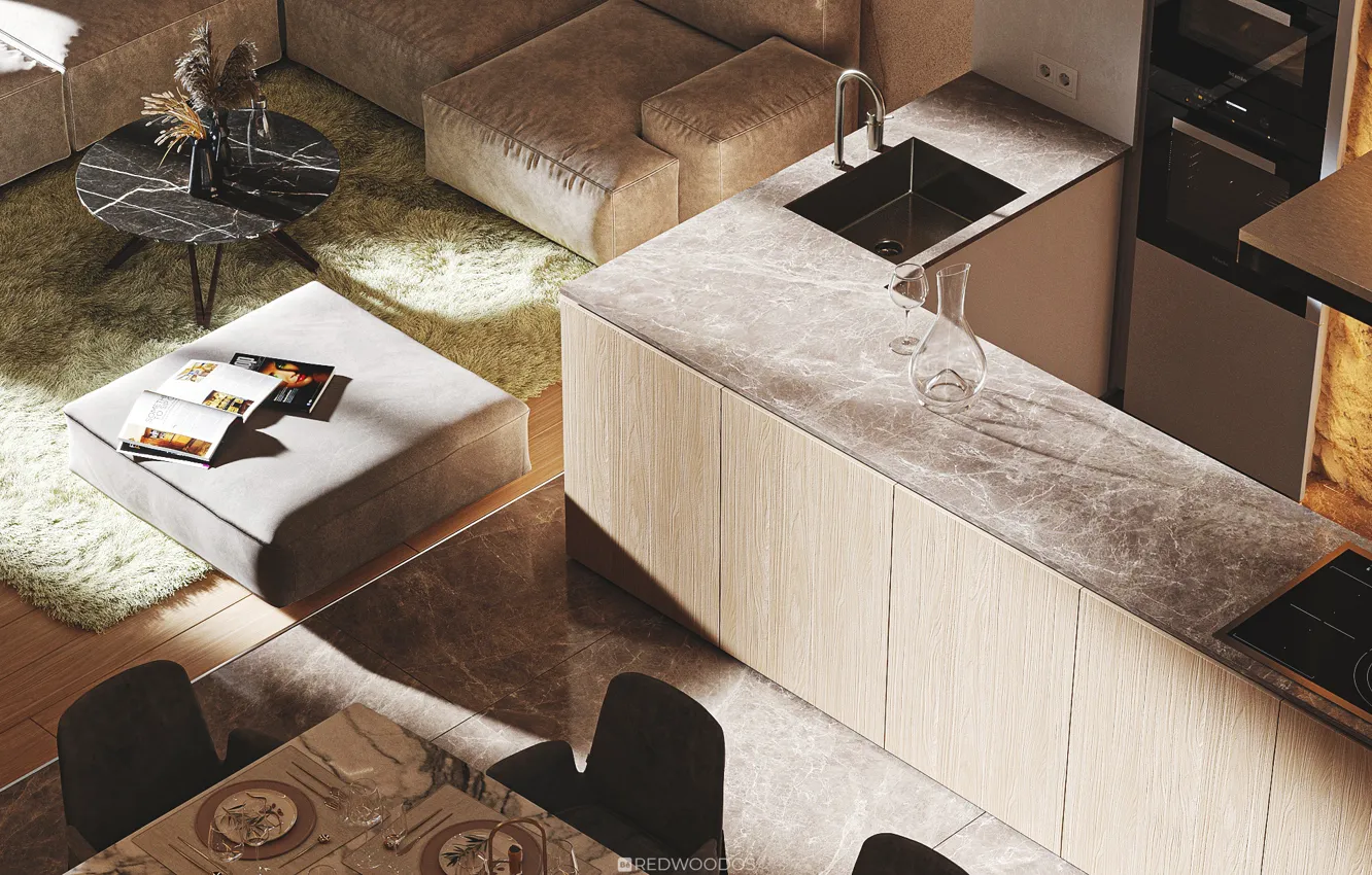 Photo wallpaper minimalism, kitchen, marble, living room, the dried flowers, redwoodos