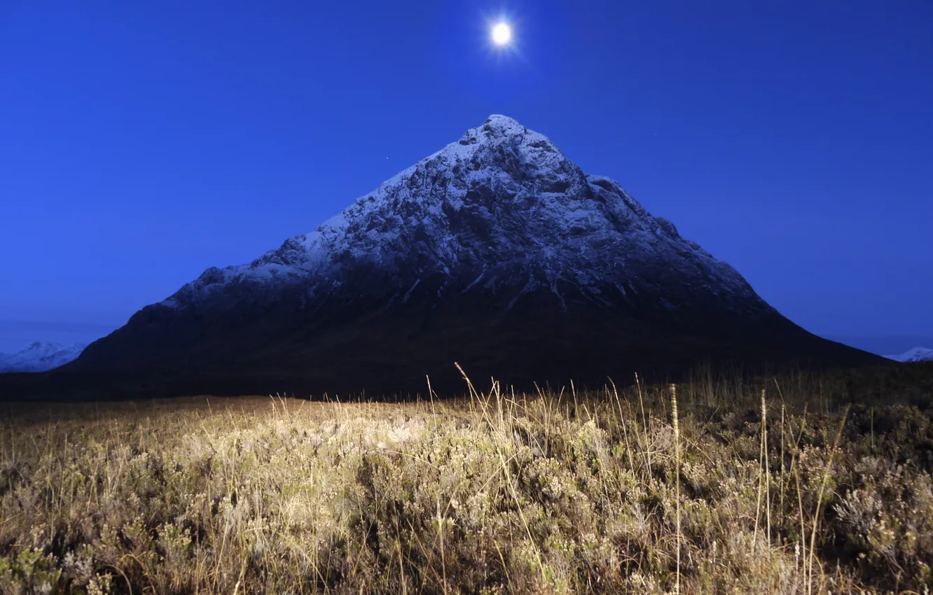 Photo wallpaper field, grass, night, the moon, mountain