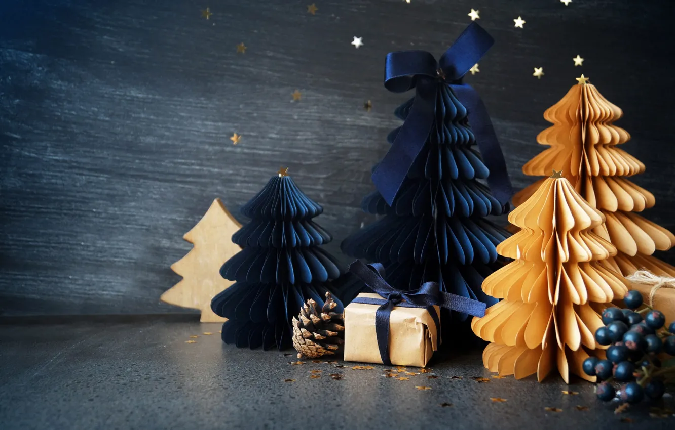 Photo wallpaper decoration, blue, yellow, berries, table, box, gift, toy