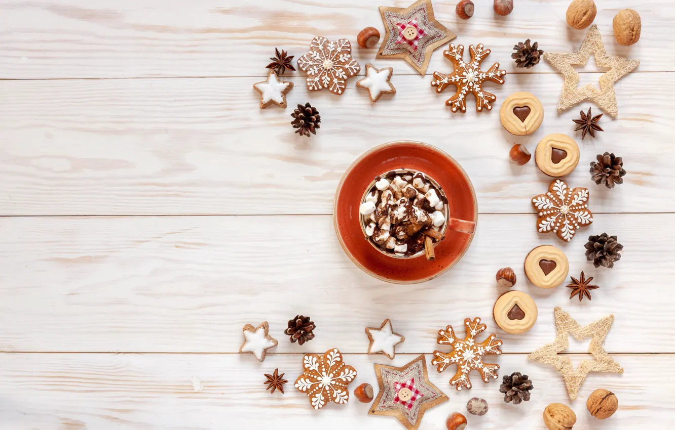 Photo wallpaper pattern, cookies, Christmas, composition, hot chocolate, marshmallows, gingerbread, Ellygri