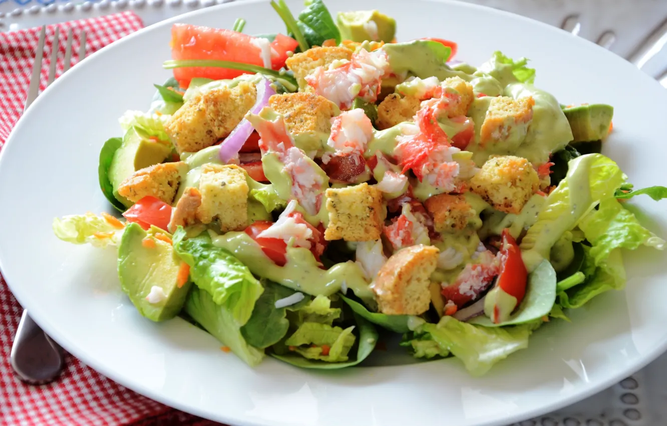 Photo wallpaper plate, salad, avocado, crackers
