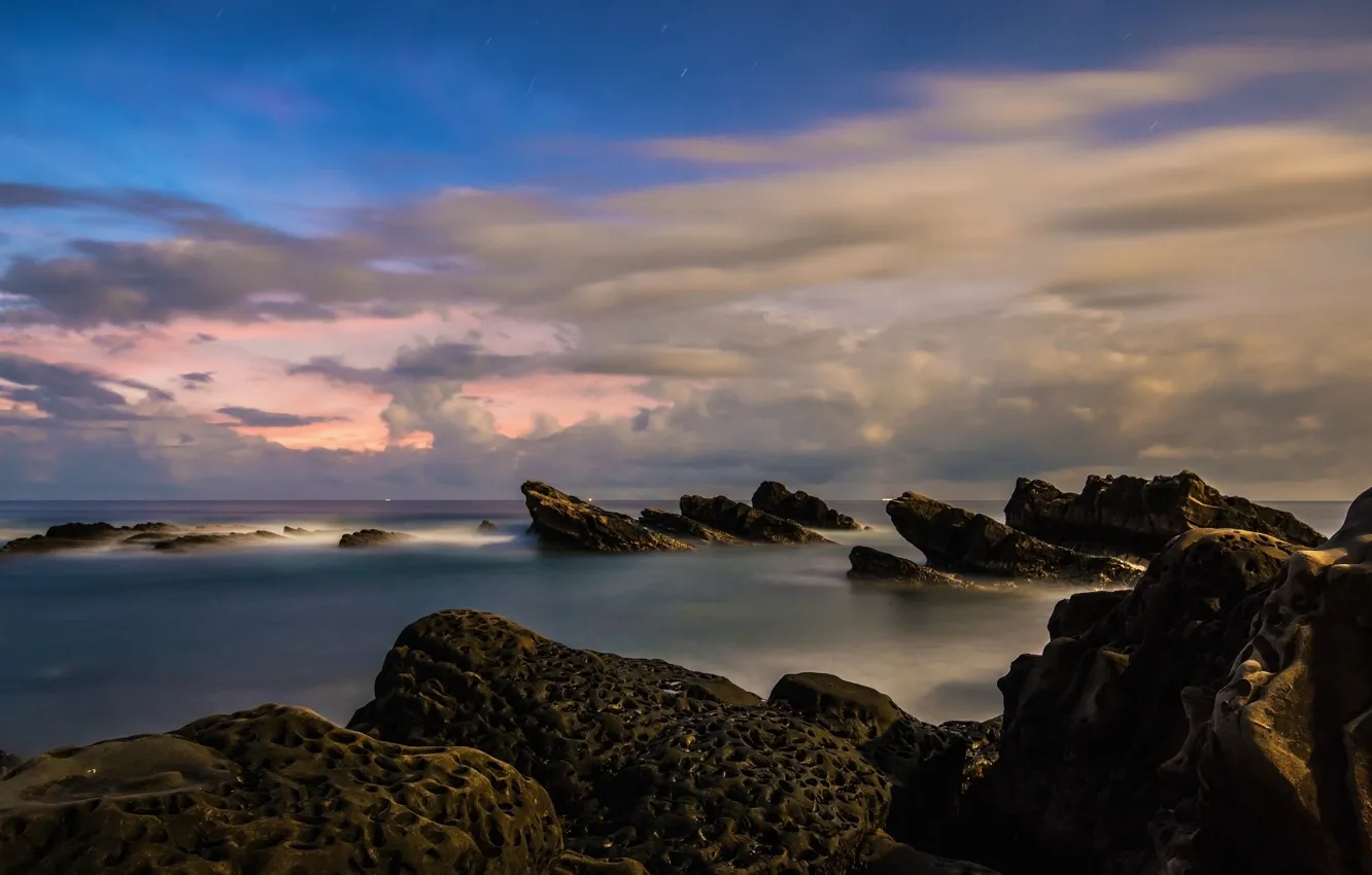 Photo wallpaper sea, the sky, clouds, landscape, clouds, blue, stones, rocks
