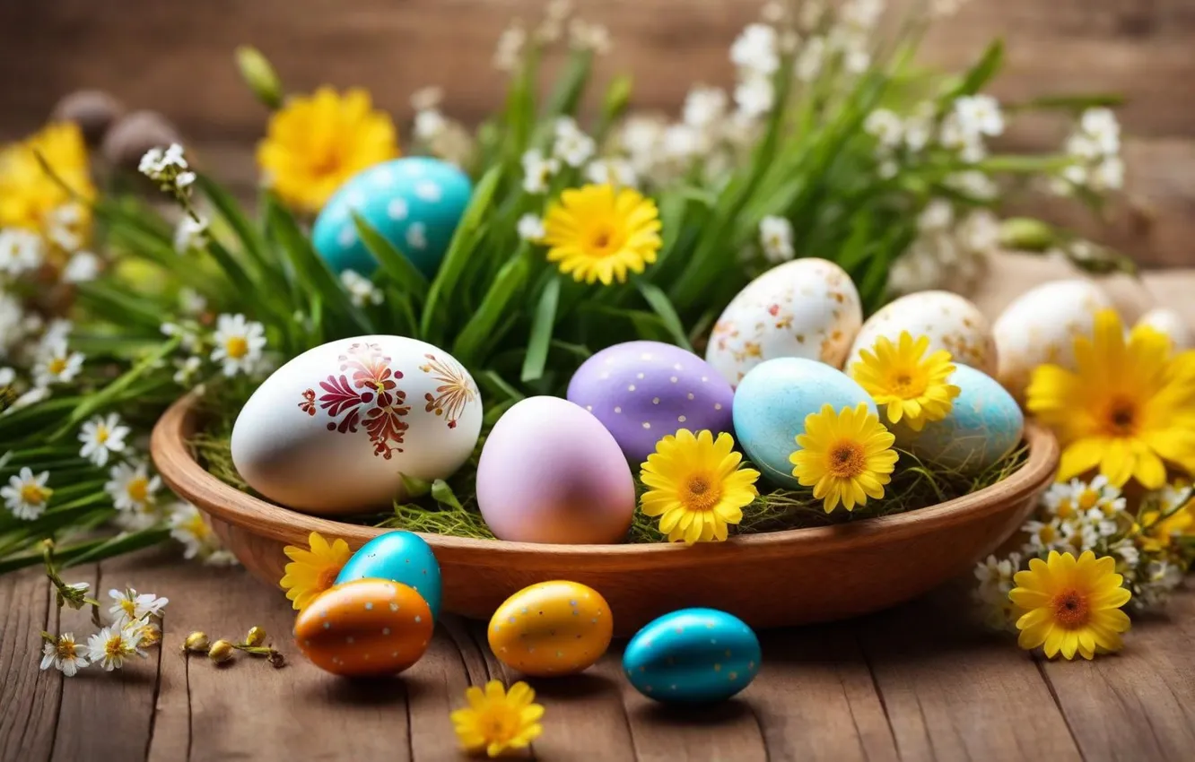 Photo wallpaper flowers, eggs, spring, colorful, Easter, flowers, spring, Easter