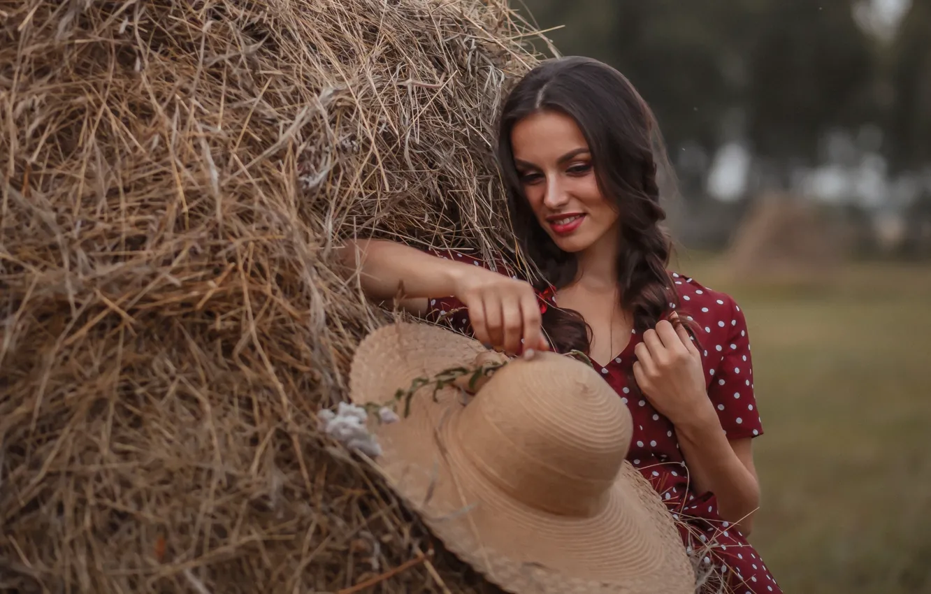 Photo wallpaper dress, field, hat, beautiful, model, women, brunette, red dress