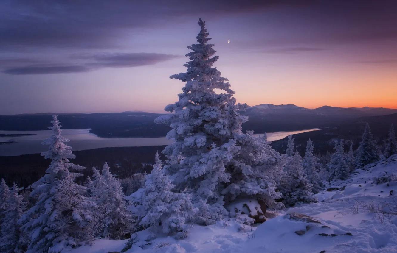 Photo wallpaper winter, frost, forest, the sky, clouds, snow, sunset, mountains