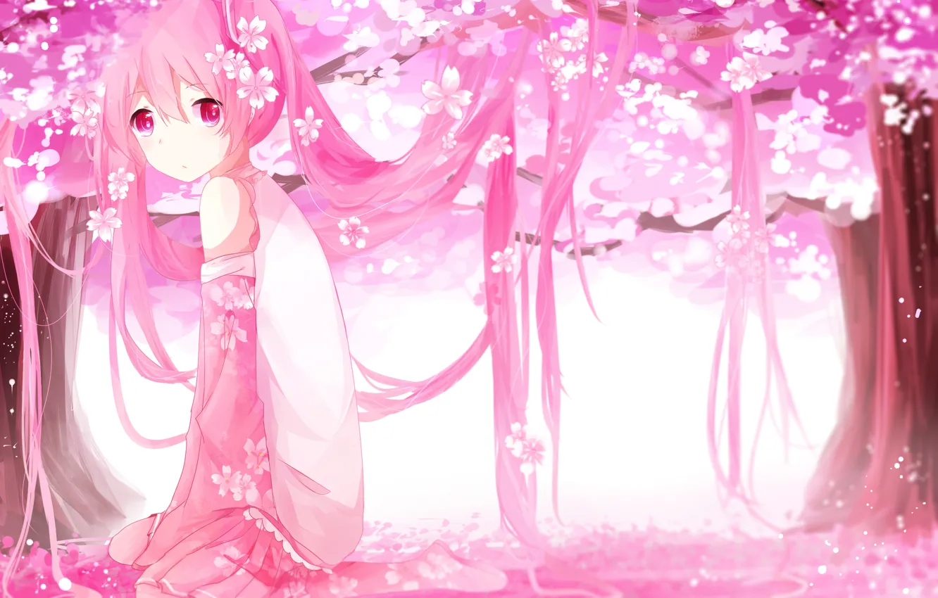 Photo wallpaper girl, trees, flowers, anime, petals, Sakura, art, vocaloid