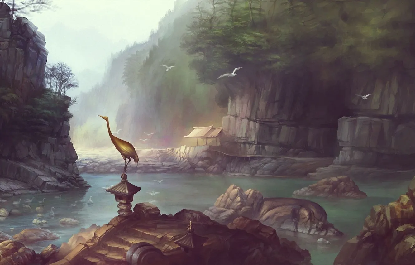 Photo wallpaper water, landscape, river, stones, rocks, bird, home, art