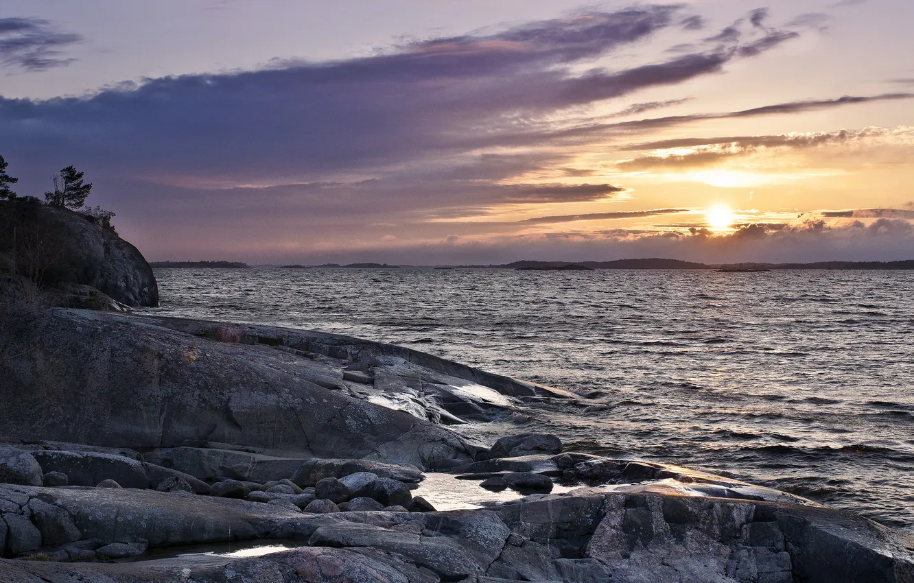 Photo wallpaper clouds, sunset, lake, the evening