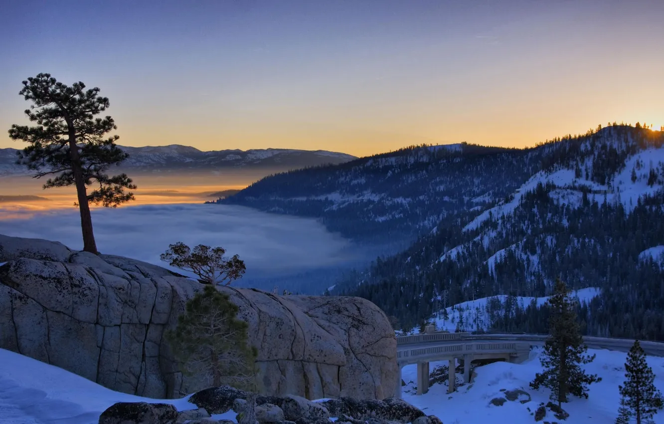 Photo wallpaper winter, road, bridge
