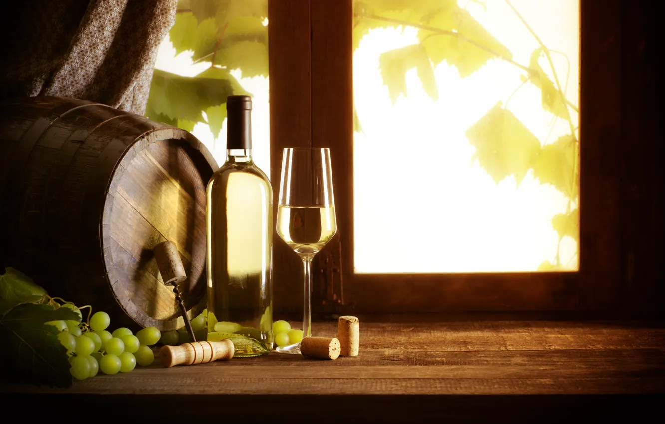 Photo wallpaper wine, white, glass, bottle, window, grapes, tube, corkscrew