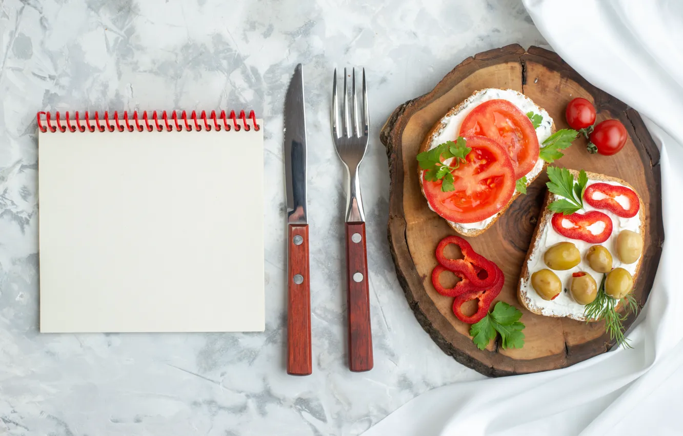 Photo wallpaper knife, Notepad, plug, sandwiches