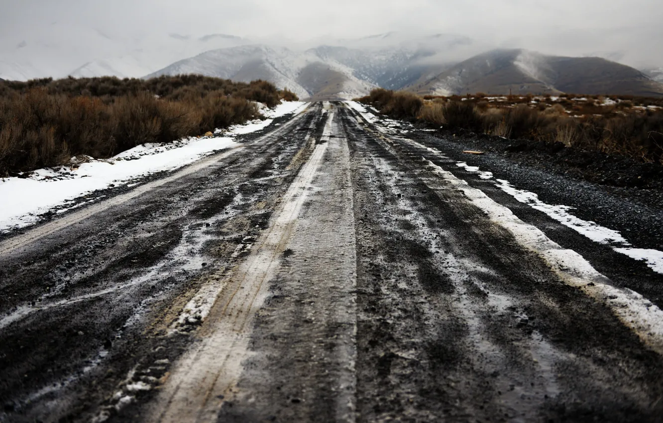 Photo wallpaper road, mountains, fog