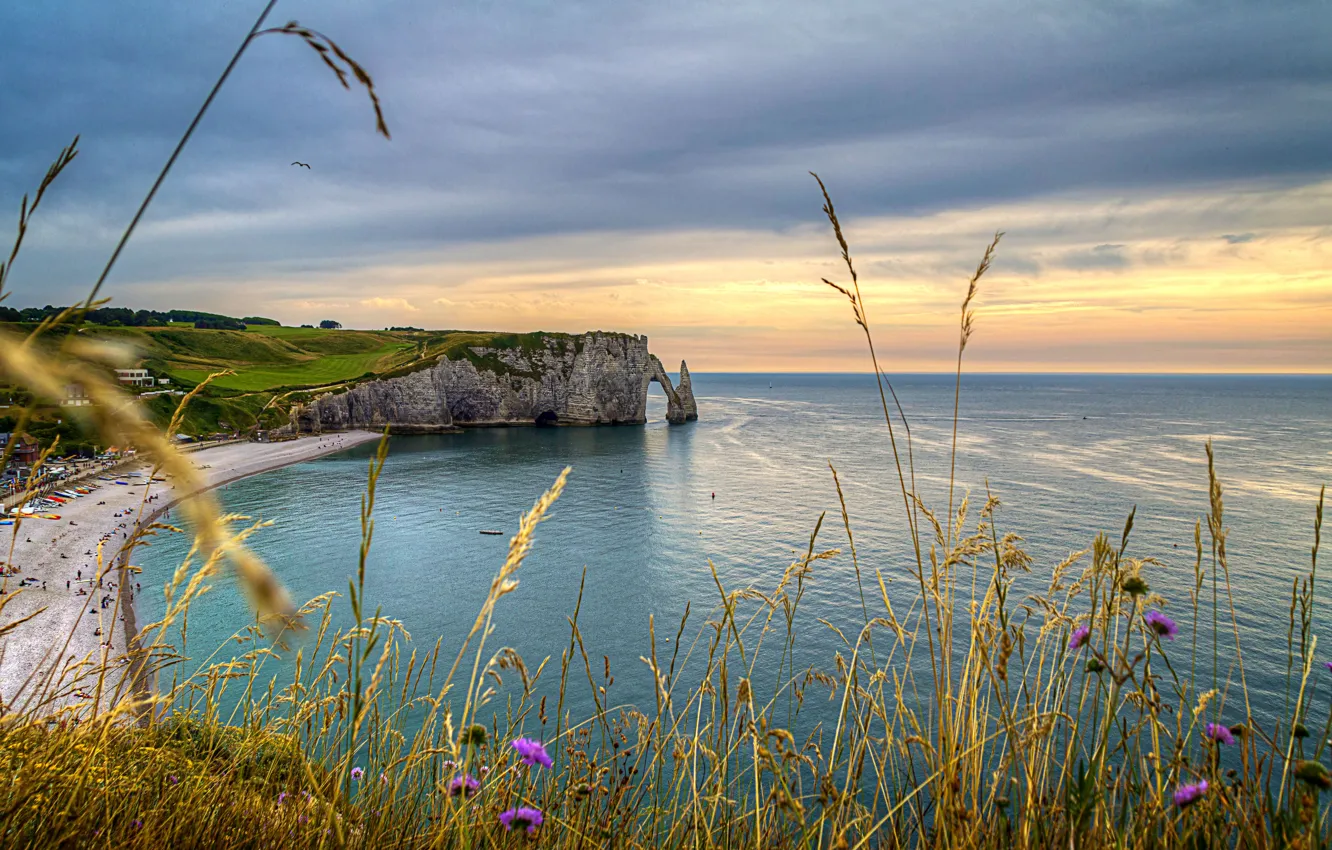 Photo wallpaper grass, landscape, nature, the city, Strait, rocks, coast, France
