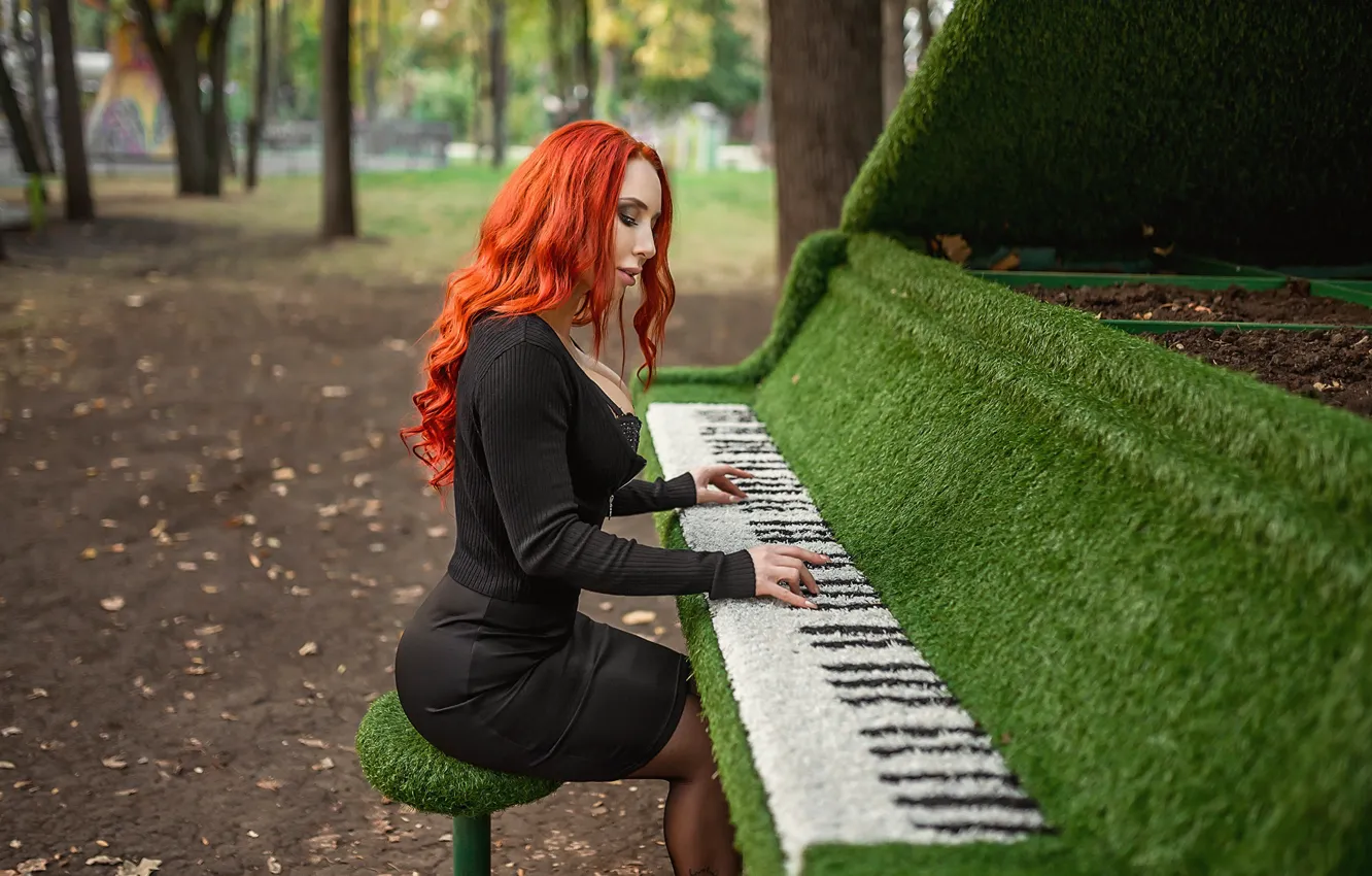 Photo wallpaper piano green, dress, model, A Diakov George, redhead