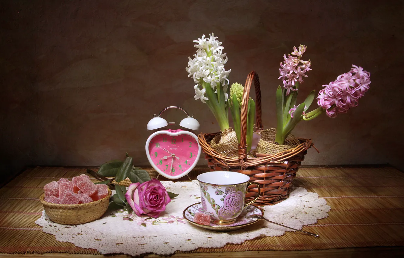 Photo wallpaper watch, Cup, marmalade, hyacinths