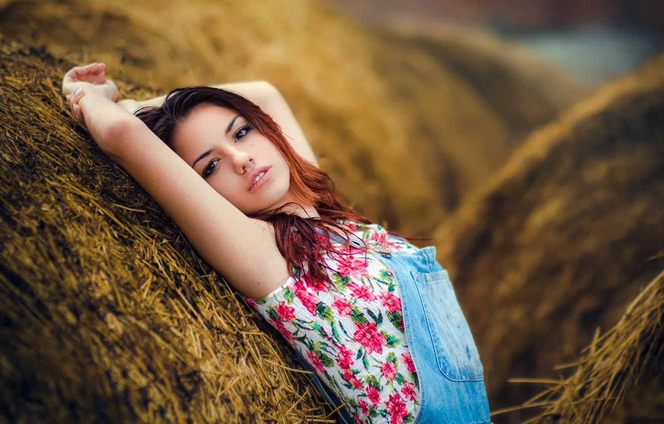 Photo wallpaper girl, sweetheart, hay, girl, brown hair, beautiful, jumpsuit, model