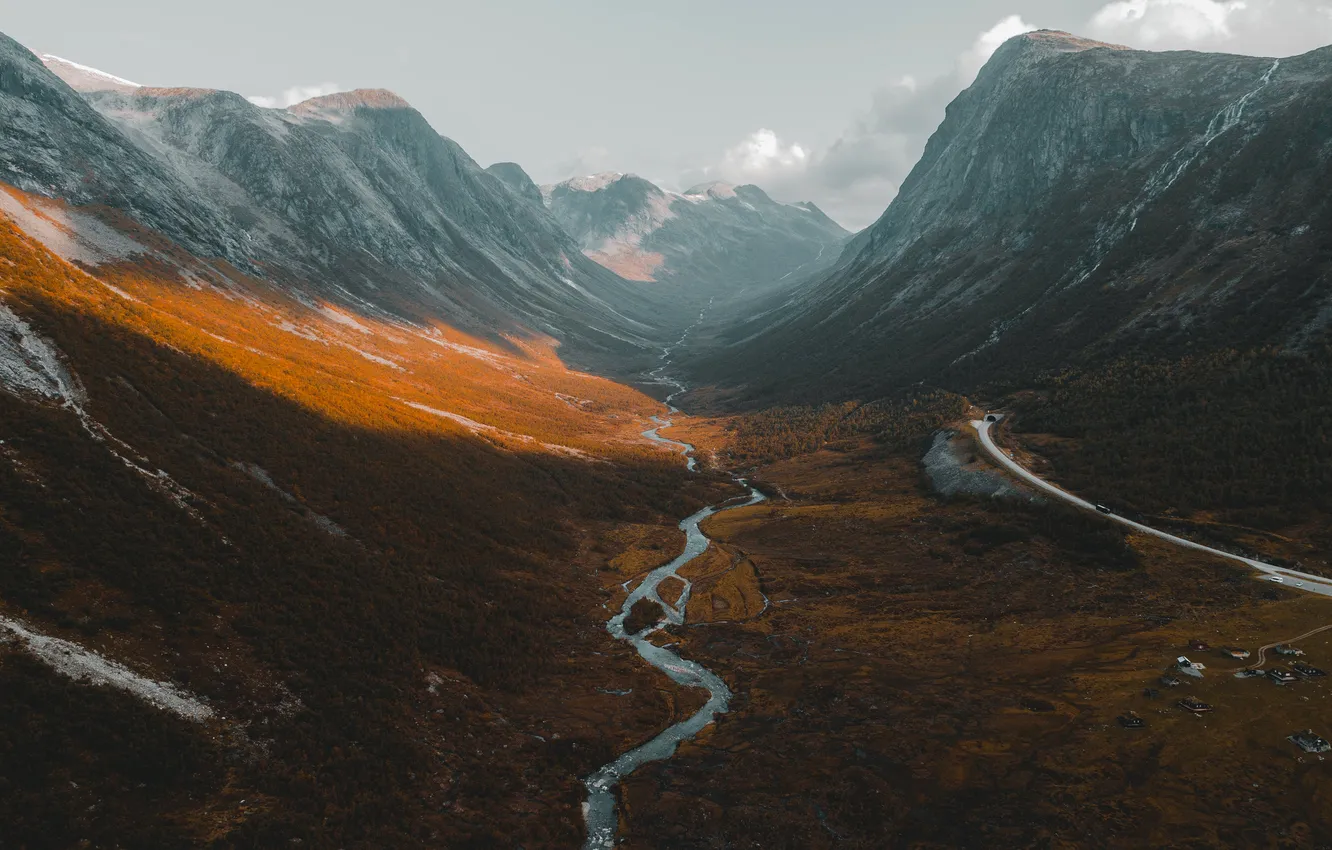 Photo wallpaper road, machine, autumn, forest, light, snow, mountains, fog