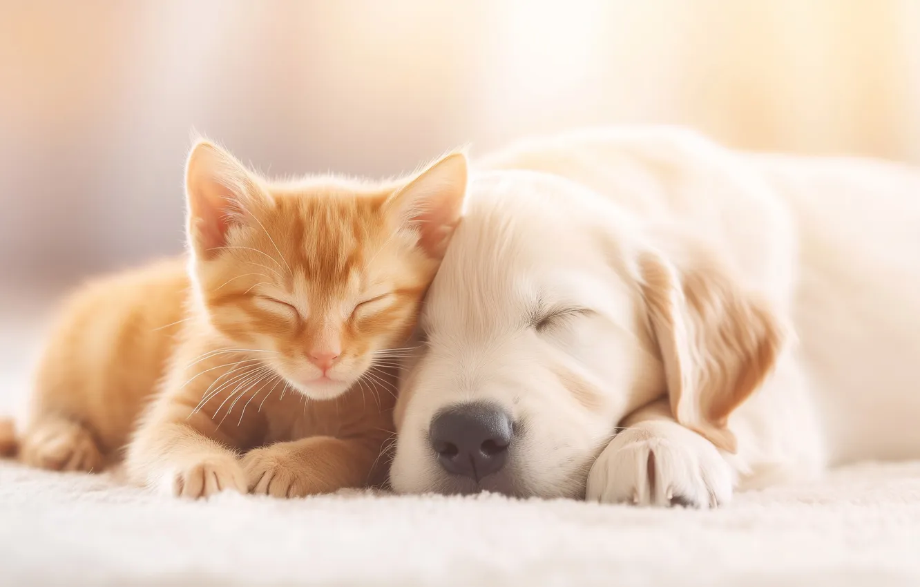Photo wallpaper cat, cat, look, comfort, each, together, dog, lies