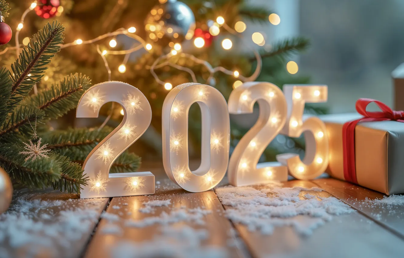 Photo wallpaper light, snow, branches, lights, lights, box, gift, Board