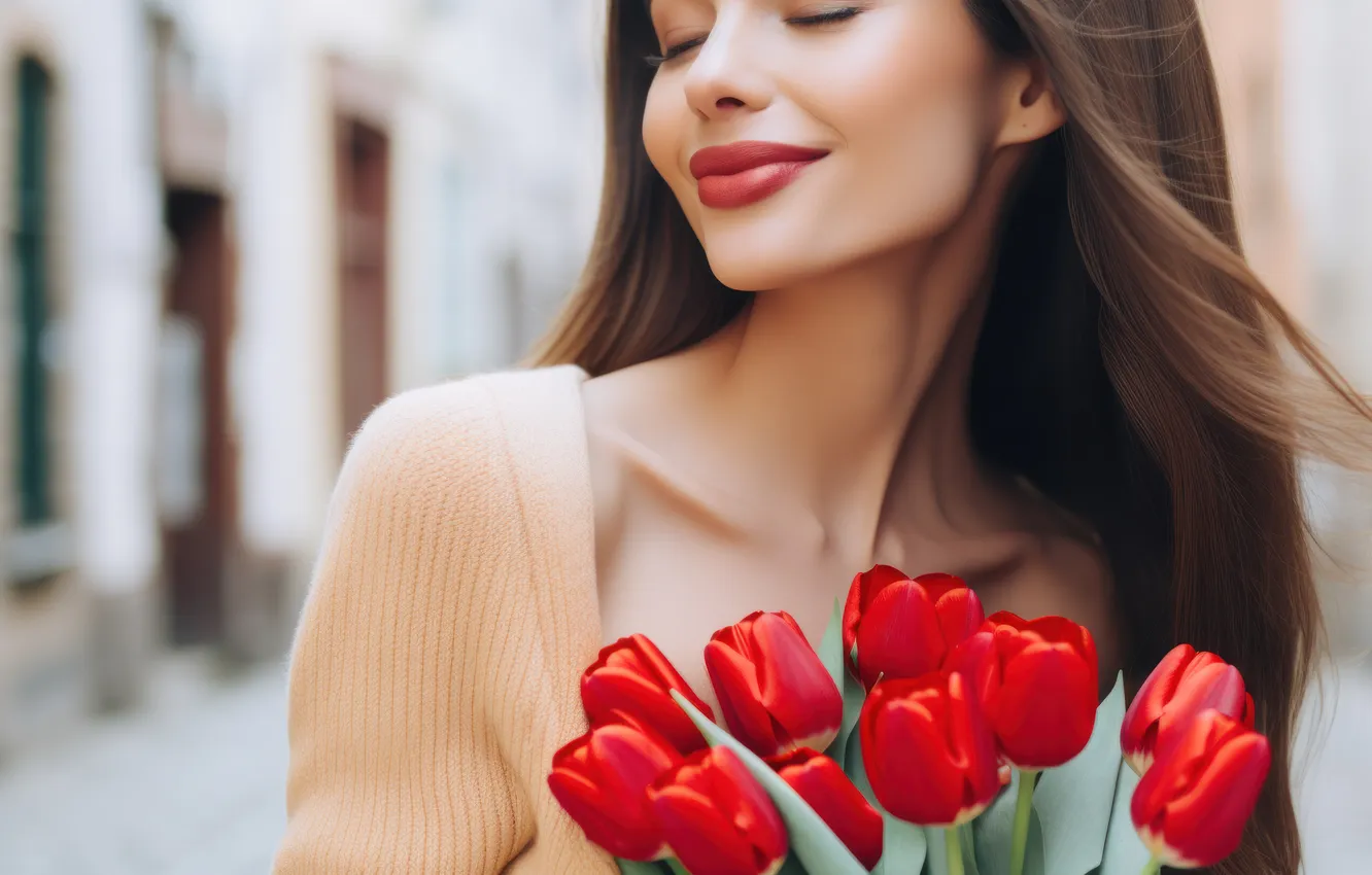 Photo wallpaper look, girl, flowers, face, holiday, portrait, bouquet, spring