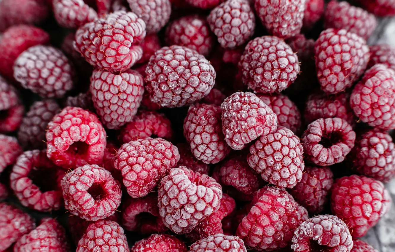 Photo wallpaper frost, berries, raspberry, a lot, frozen