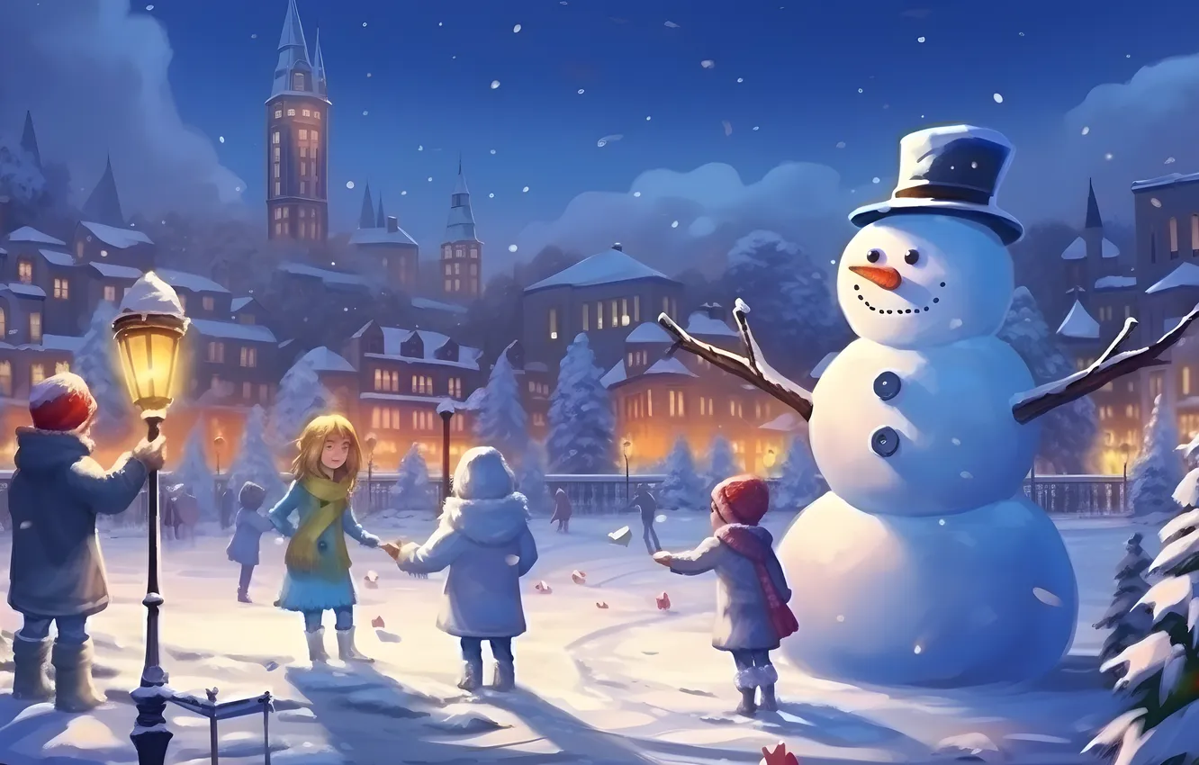 Photo wallpaper winter, children, new year, home, the evening, Christmas, snowman, digital art