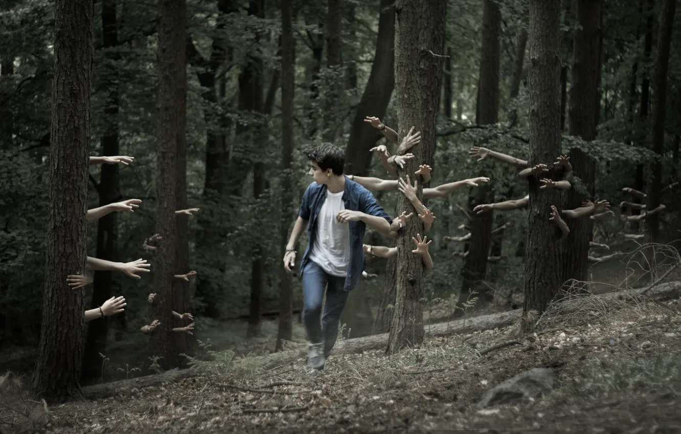 Photo wallpaper forest, hands, guy