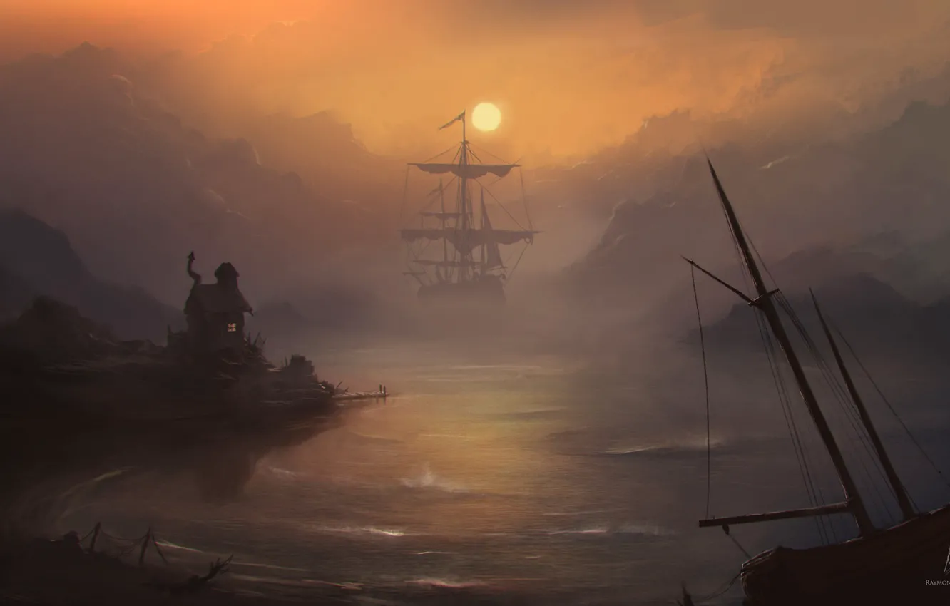 Photo wallpaper sea, sunset, boat, figure, ship, home, sailboat, silhouette