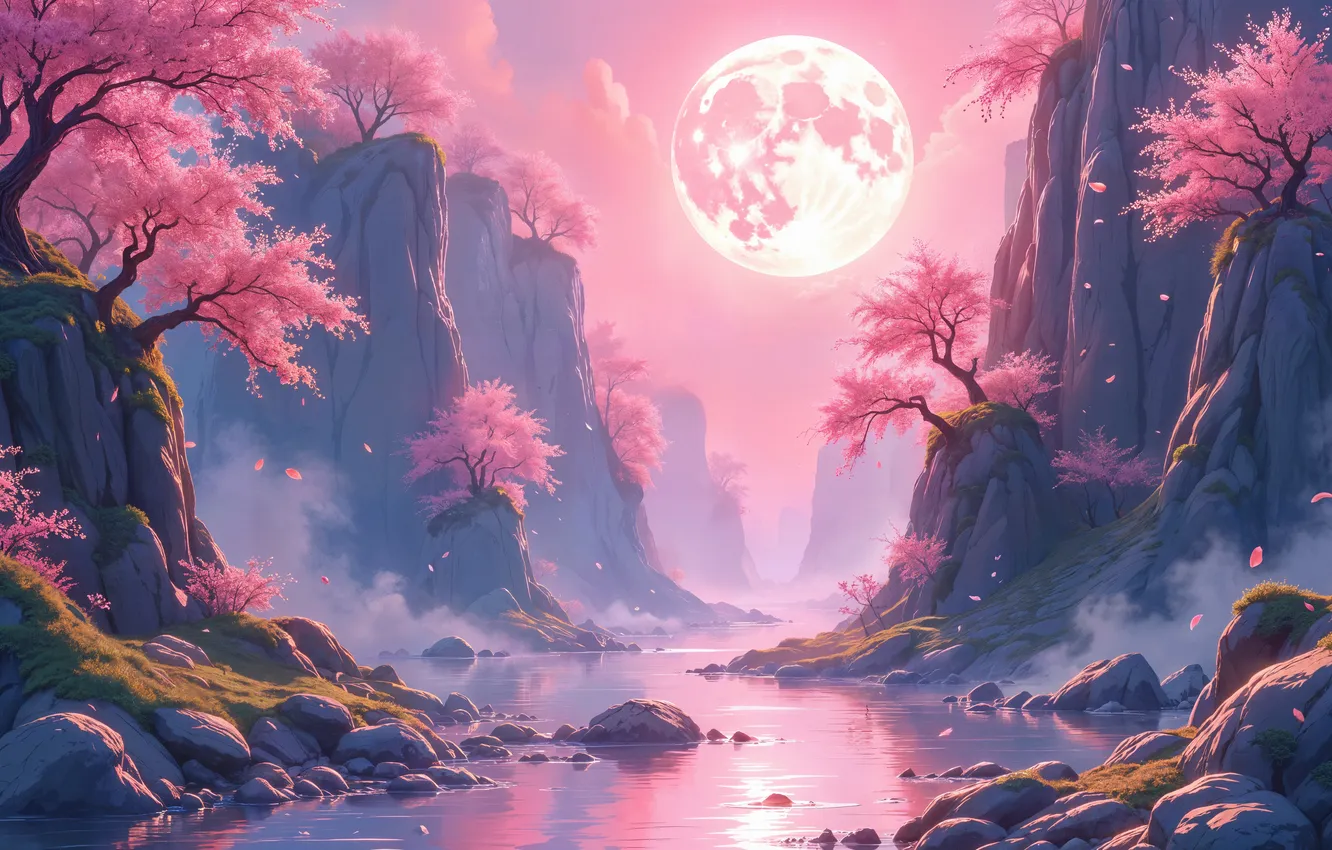 Photo wallpaper trees, mountains, river, the moon, digital art, AI art, The Art of Artificial Intelligence, neural …