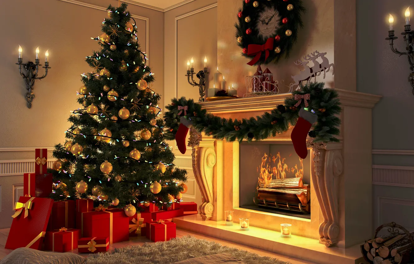 Photo wallpaper decoration, toys, tree, New Year, Christmas, fireplace, Christmas, design