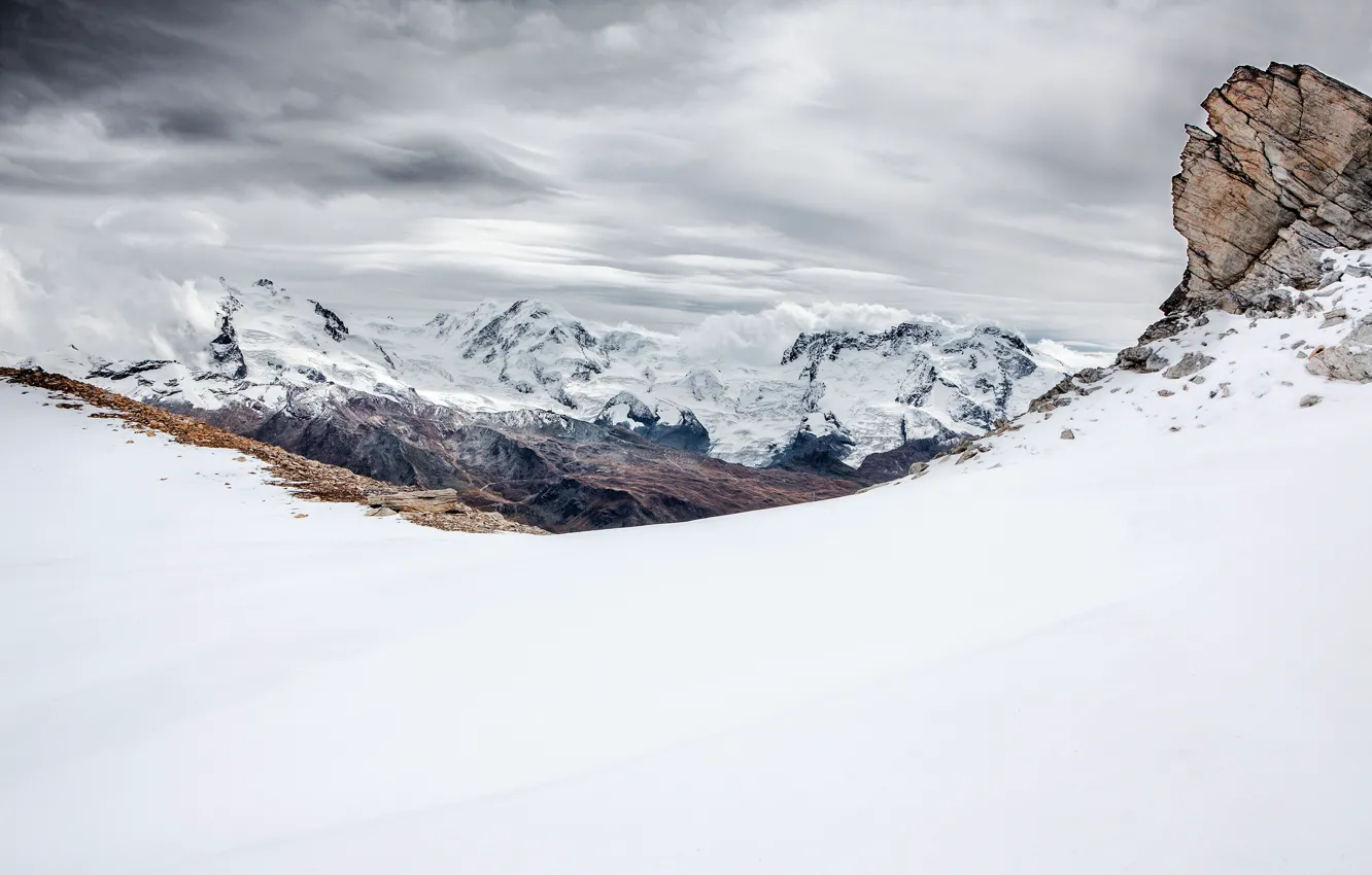 Photo wallpaper the sky, clouds, snow, mountains, clouds, nature, overcast, rocks