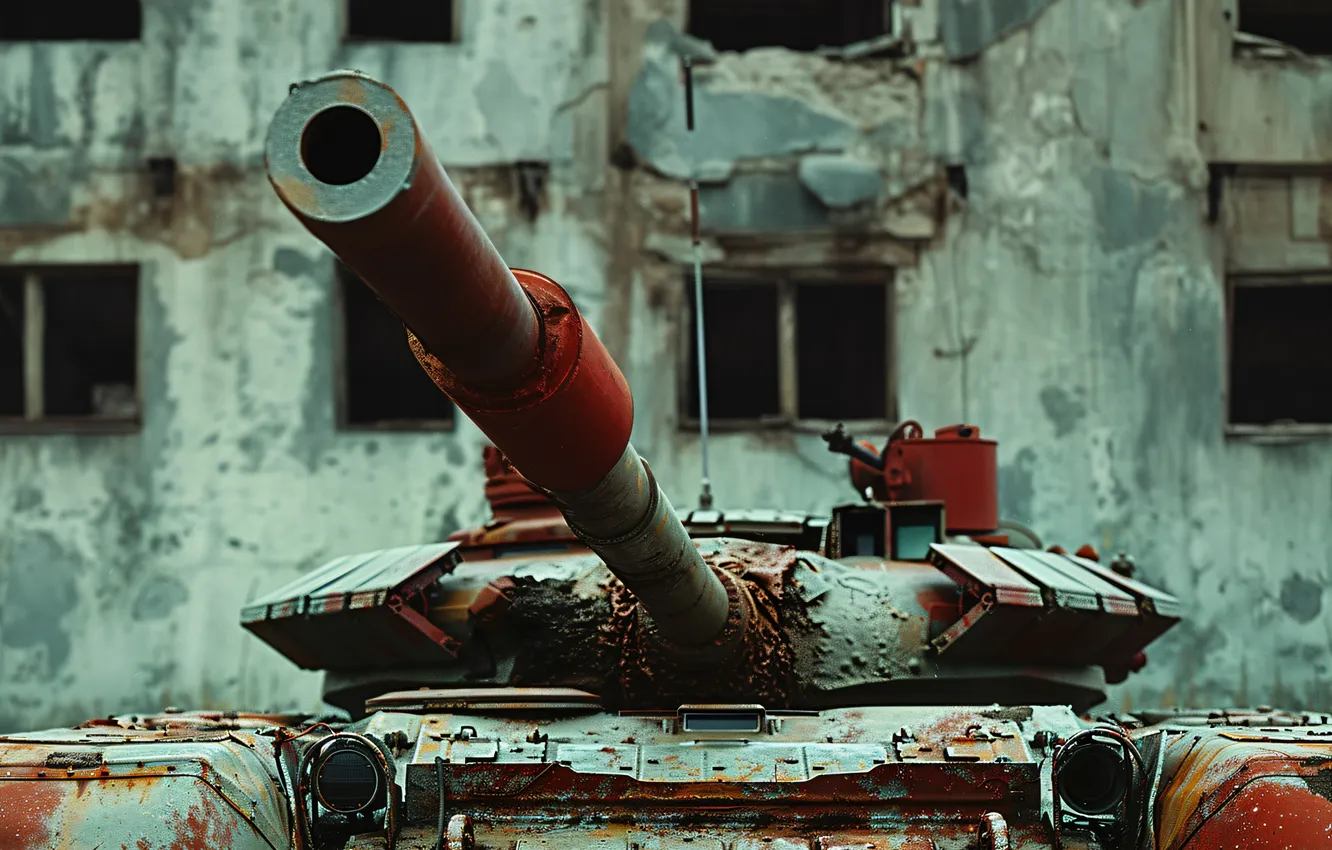 Photo wallpaper House, Tank, Digital art, Closeup, Devastation, AI art, The Art of Artificial Intelligence, Neural network