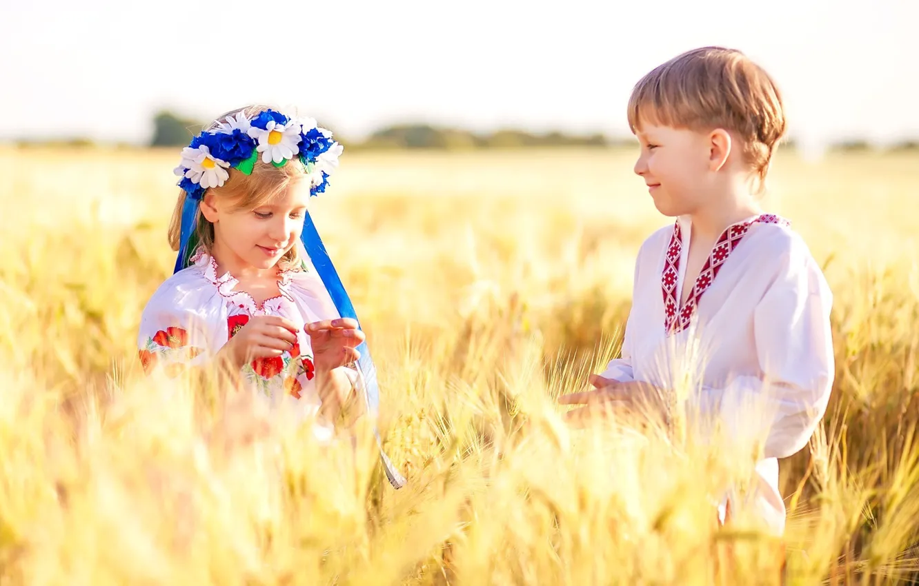 Photo wallpaper wheat, field, children, chamomile, boy, girl, Ukraine, wreath