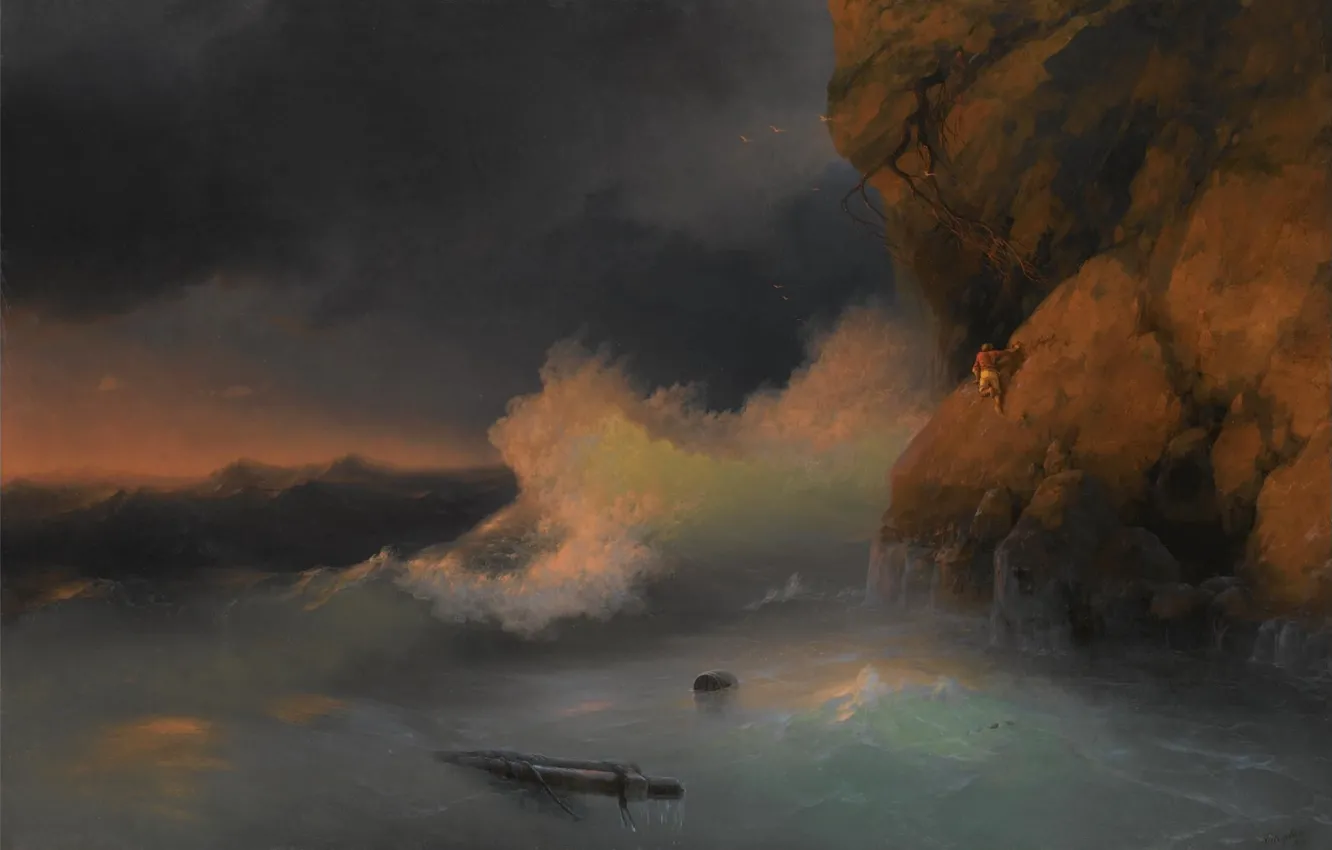 Photo wallpaper sea, rocks, storm, picture, Ivan Aivazovsky, 1884, Survivors