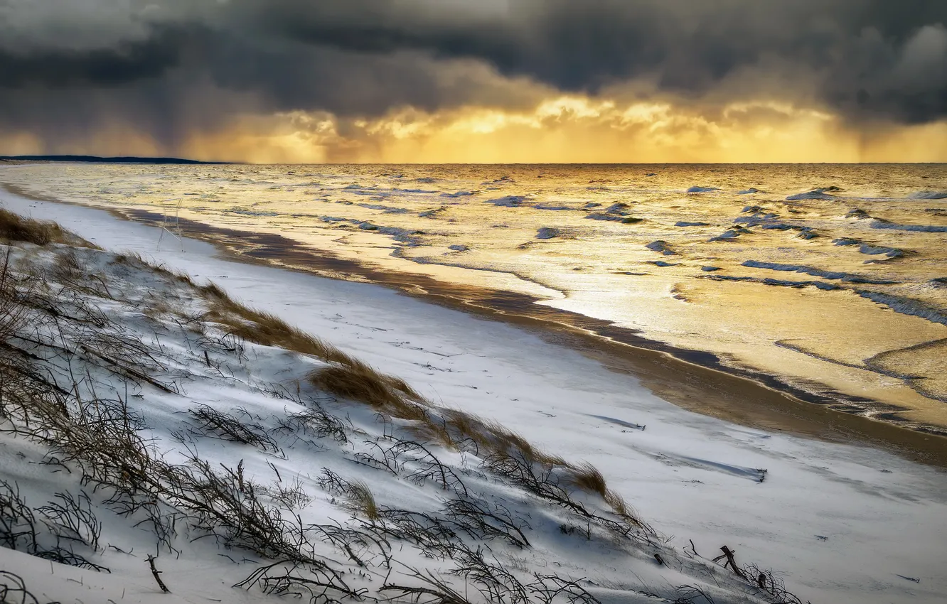 Photo wallpaper winter, Golden light, Baltic Sea, Lithuania., Smiltyne