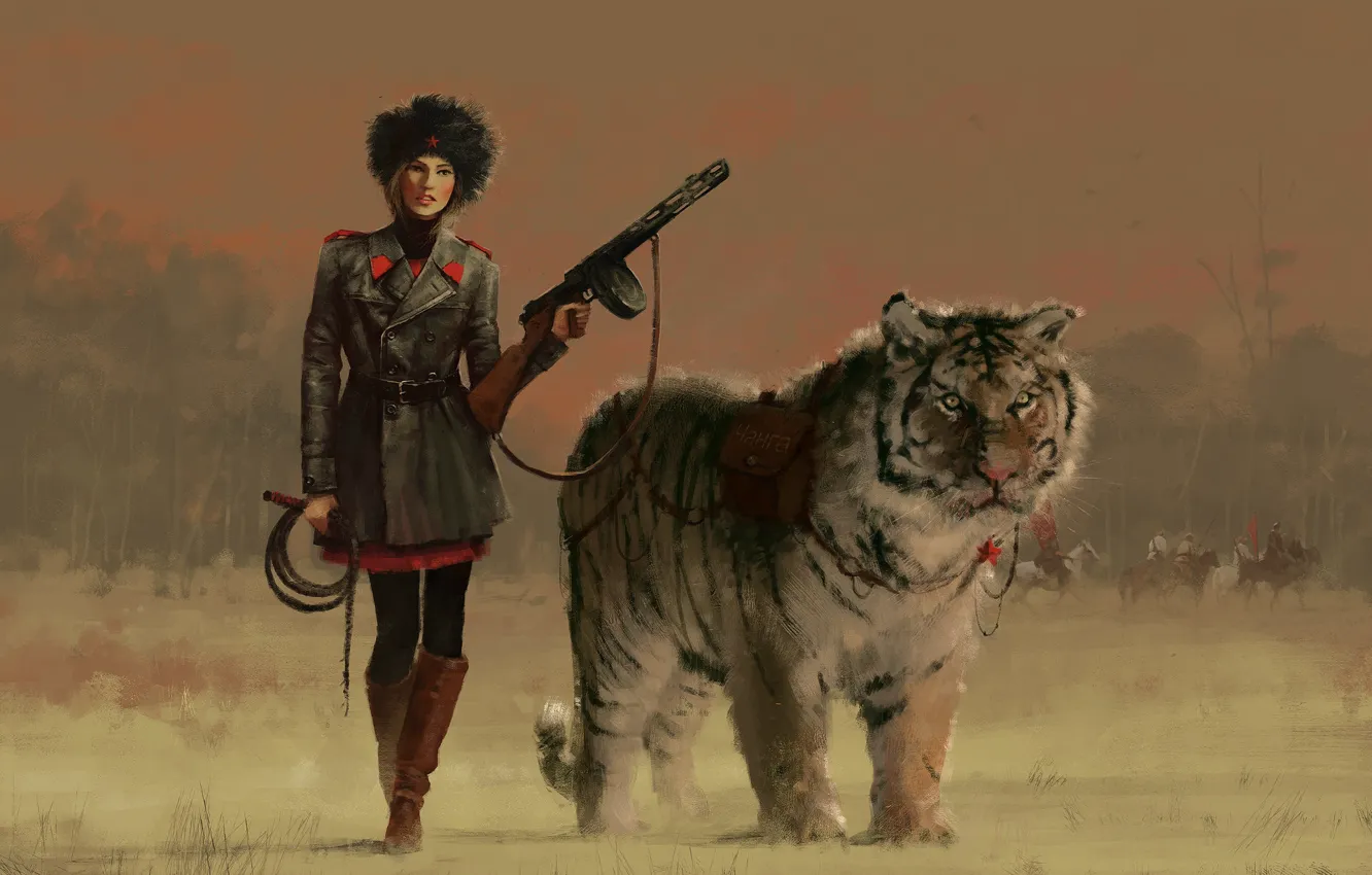 Photo wallpaper girl, tiger, weapons, animal, art, form, painting