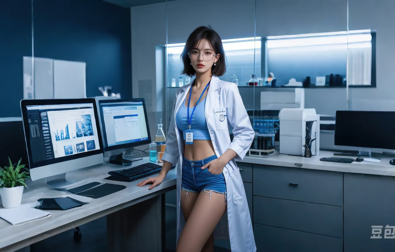 Photo wallpaper girl, asian, laboratory, AI Art, laboratory assistant