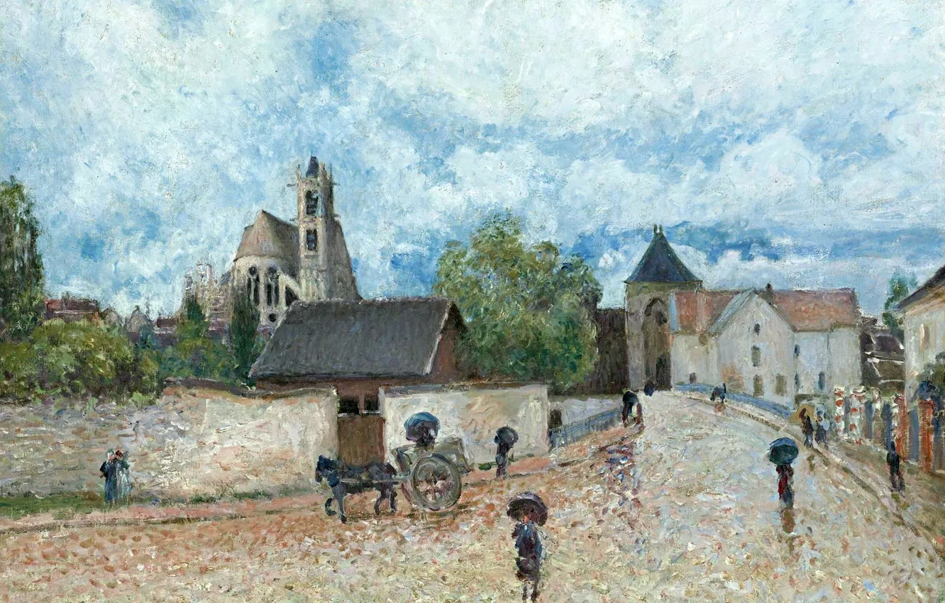 Photo wallpaper house, street, picture, wagon, the urban landscape, Alfred Sisley, Alfred Sisley, Moret-sur-Loing. The Rain